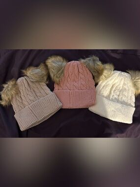 Baby Winter Hats In Cream, Pink & Tan With Double Pom Poms